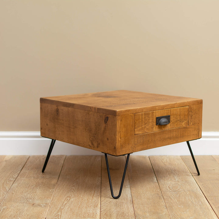 Rustic Wood Side Table with Storage, Drawer and Hairpin Legs