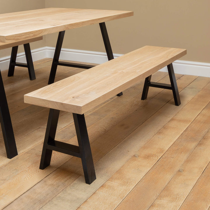 Solid Oak Dining Bench with Black Metal Frame Base