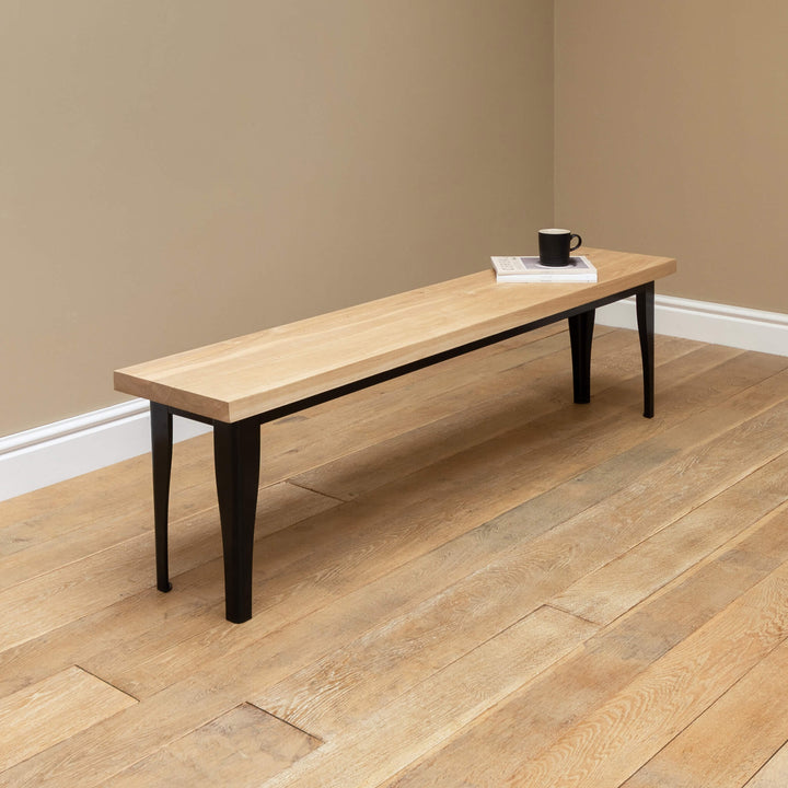 Solid Oak Dining Bench with Black Rolled Metal Base