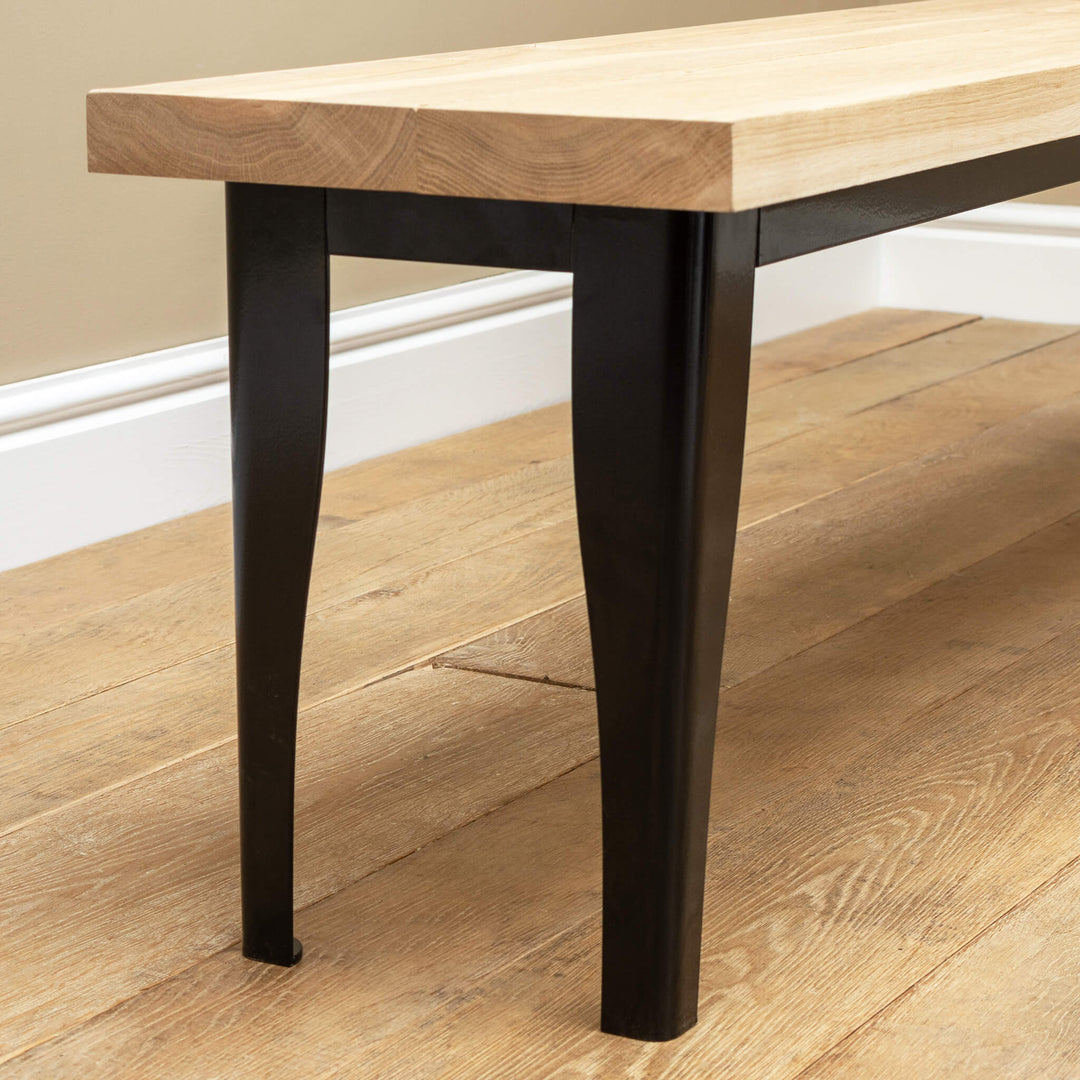 Solid Oak Dining Bench with Black Rolled Metal Base