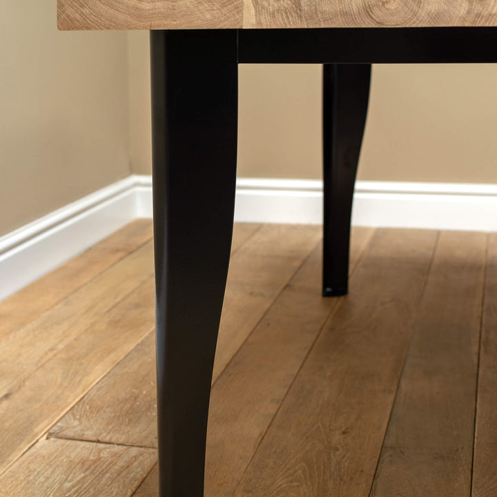 Solid Oak Dining Table with Black Rolled Metal Base
