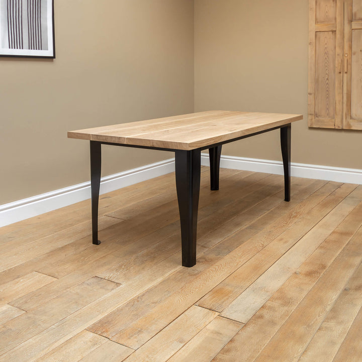 Solid Oak Dining Table with Black Rolled Metal Base