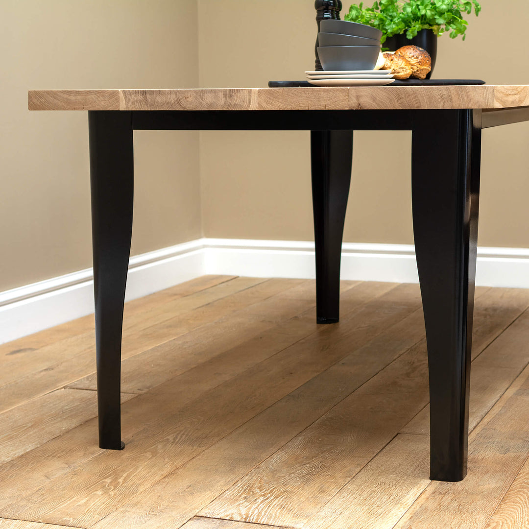 Solid Oak Dining Table with Black Rolled Metal Base