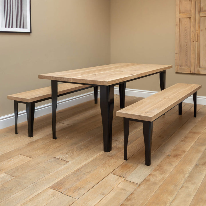 Solid Oak Dining Table with Black Rolled Metal Base